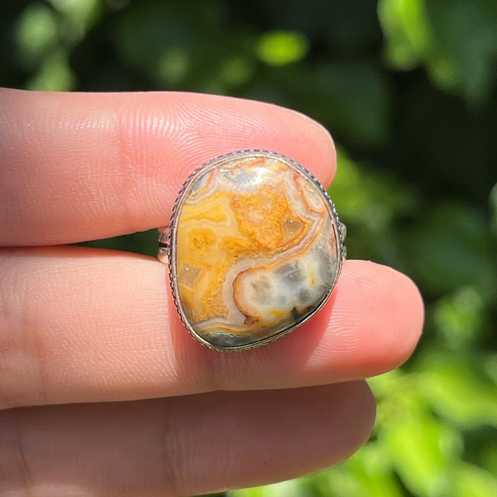 Size 7.75 925 silver plated crazy lace‎ agate ring